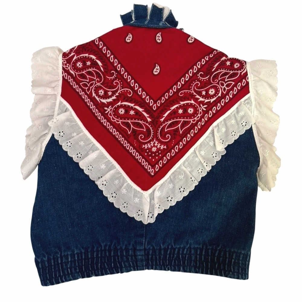 80's Wrangler Concho Bandana Print Fringe Denim Vest 10/12 Girls Western Cowgirl - Picture 2 of 11